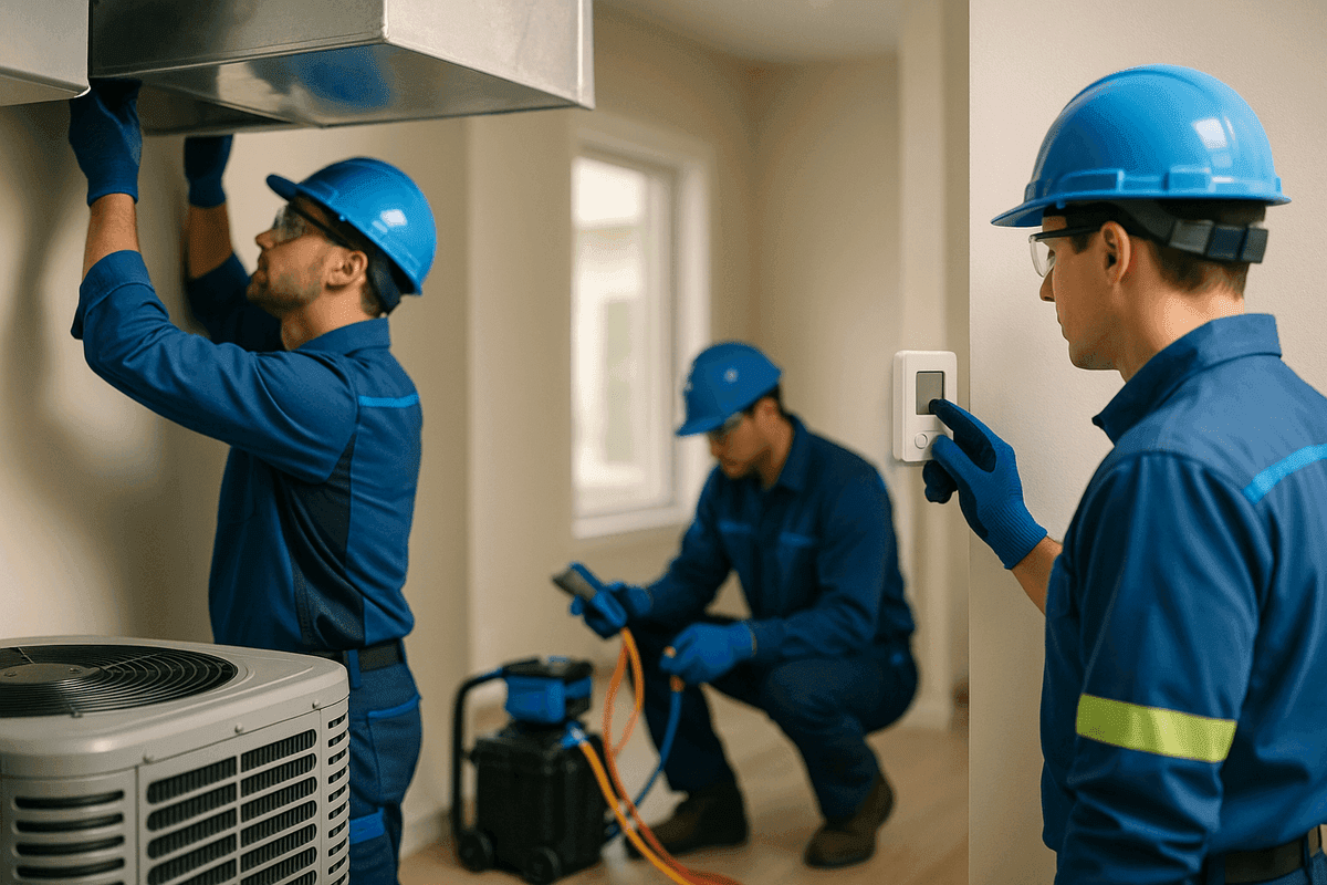 Gloved HVAC technician adjusting thermostat inside a clean residential home